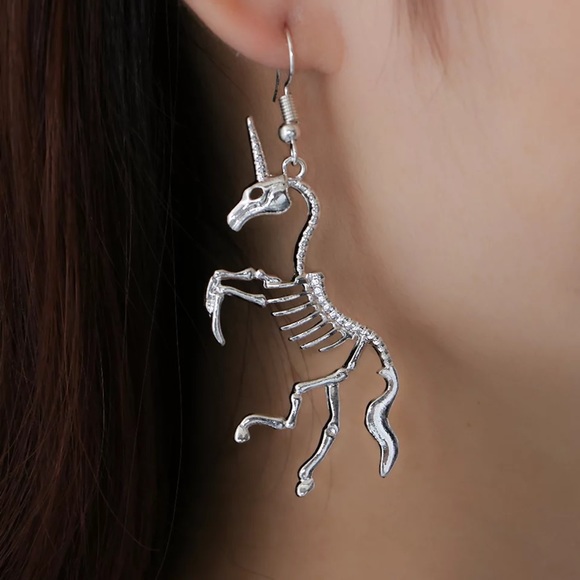 Gothic Silver Unicorn Skeleton Dangle Earrings - Picture 5 of 16